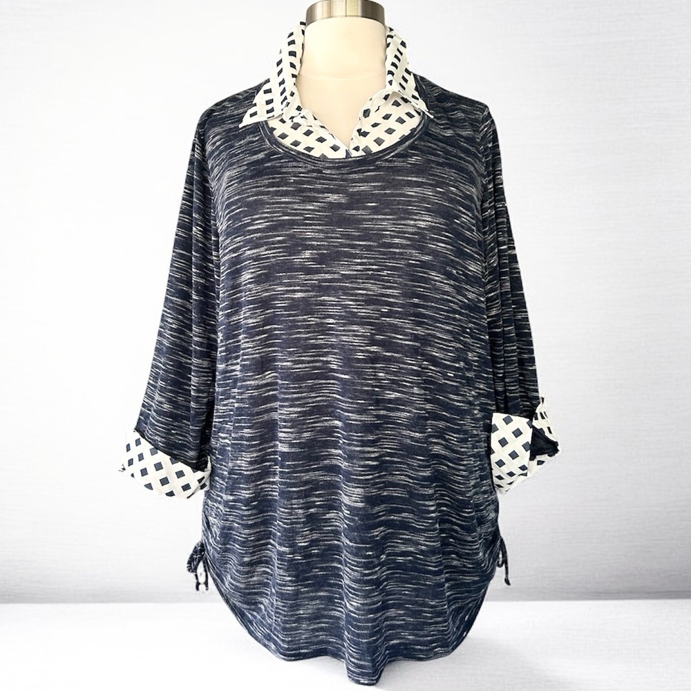 NWT!Avenue Navy & White Preppy Shirt collar, side ties Blouse Size 3X - Picture 2 of 9